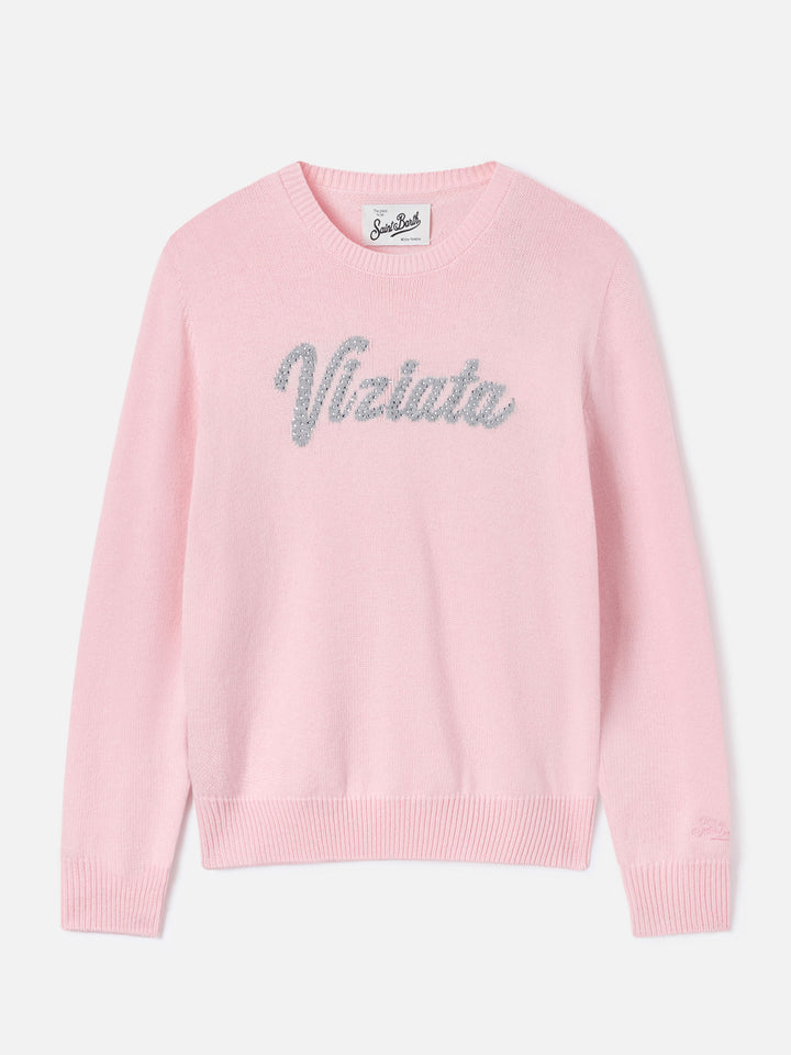 Pink New Queen crewneck knit with Viziata rhinestone embroidery