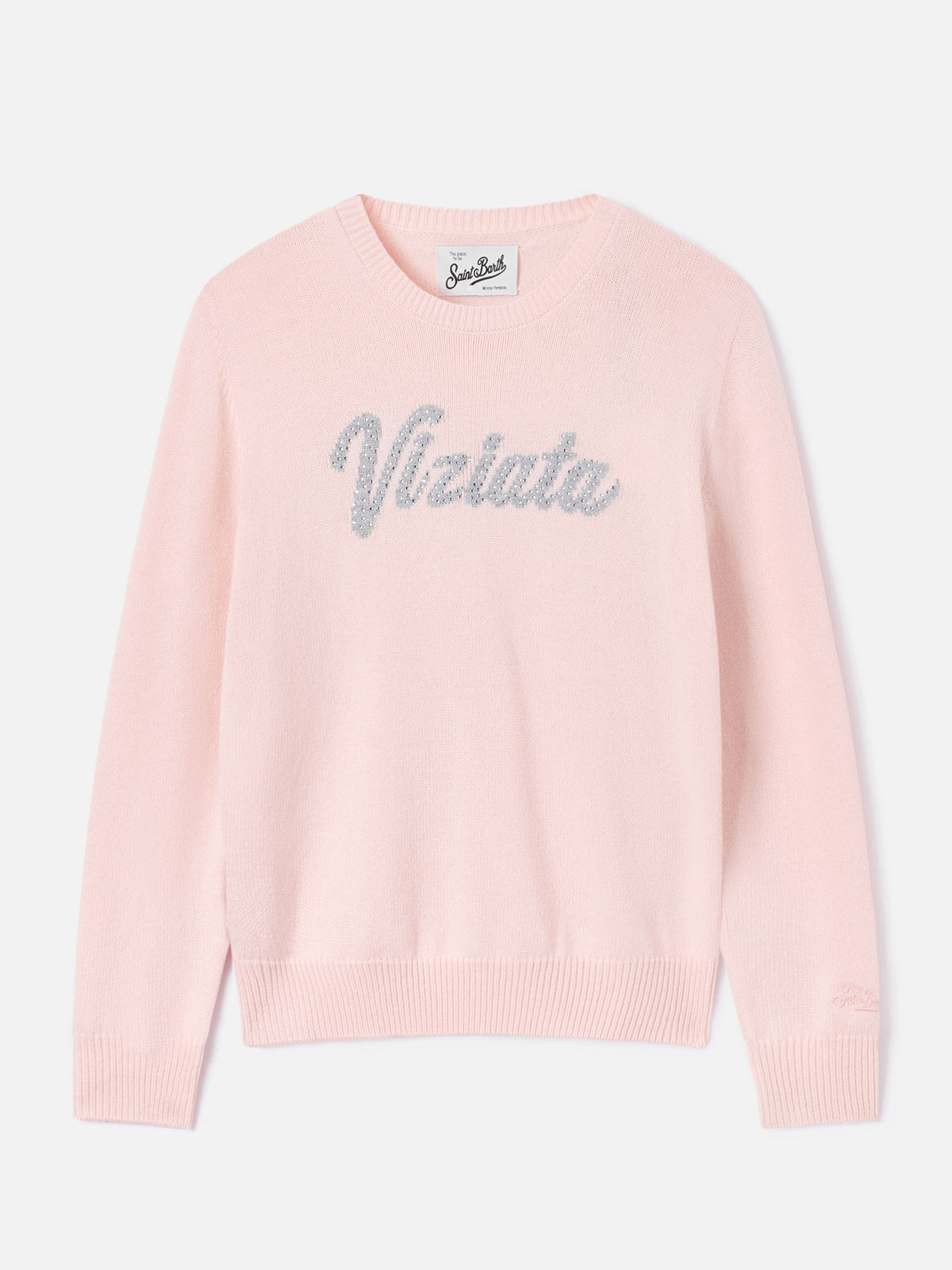 Pink New Queen crewneck knit with Viziata rhinestone embroidery