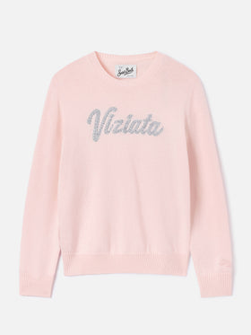Pink New Queen crewneck knit with Viziata rhinestone embroidery