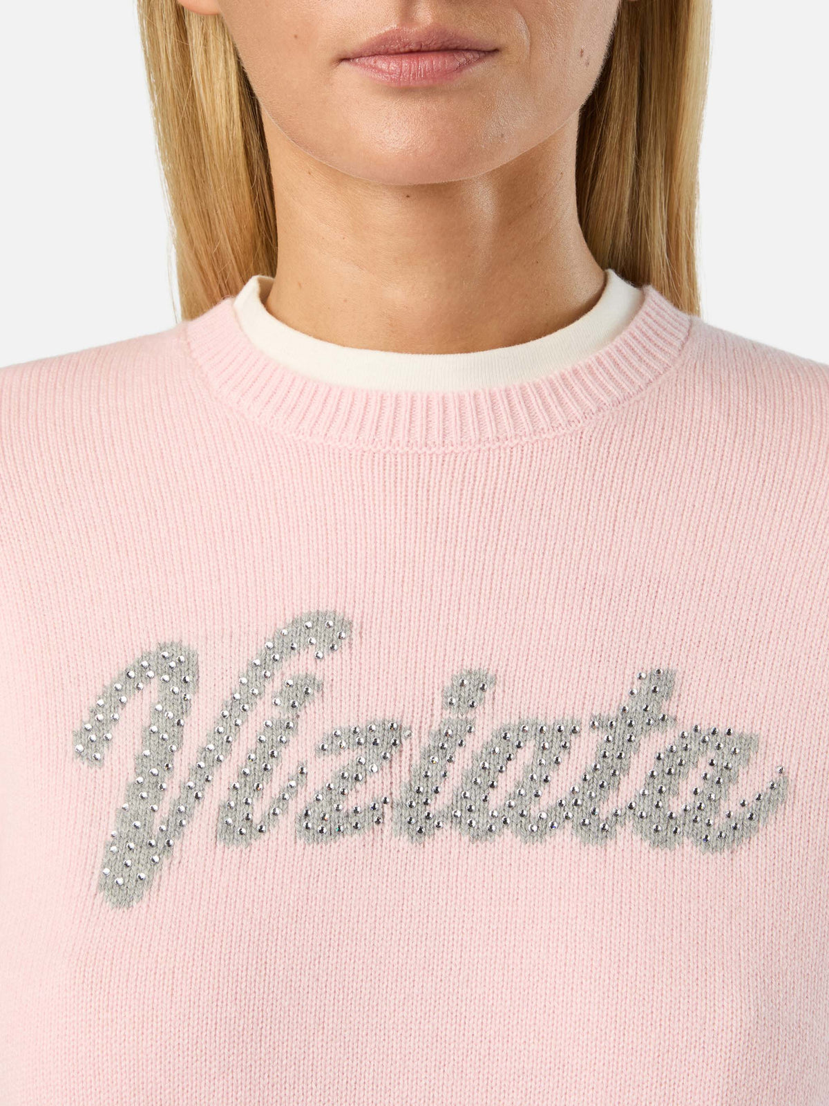 Pink New Queen crewneck knit with Viziata rhinestone embroidery