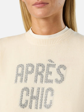 Off white New Queen crewneck knit with Après Chic rhinestone embroidery