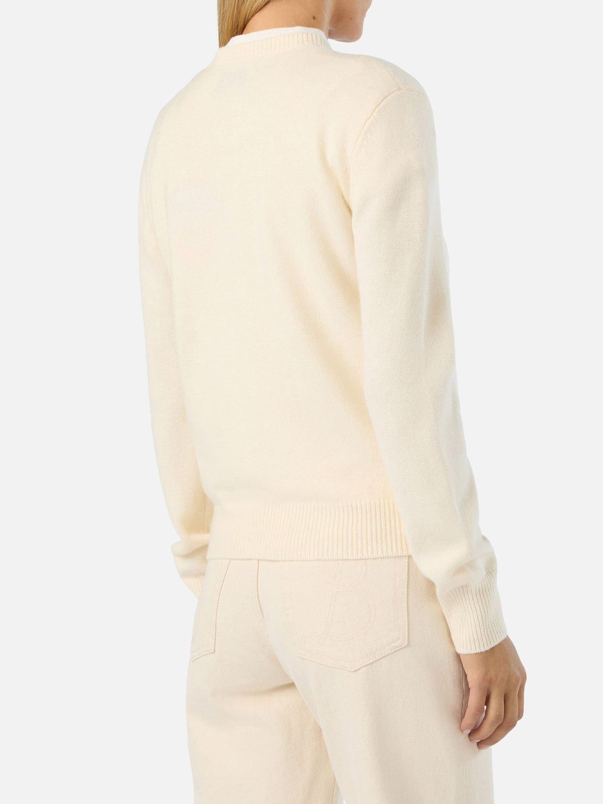 Off white New Queen crewneck knit with Après Chic rhinestone embroidery