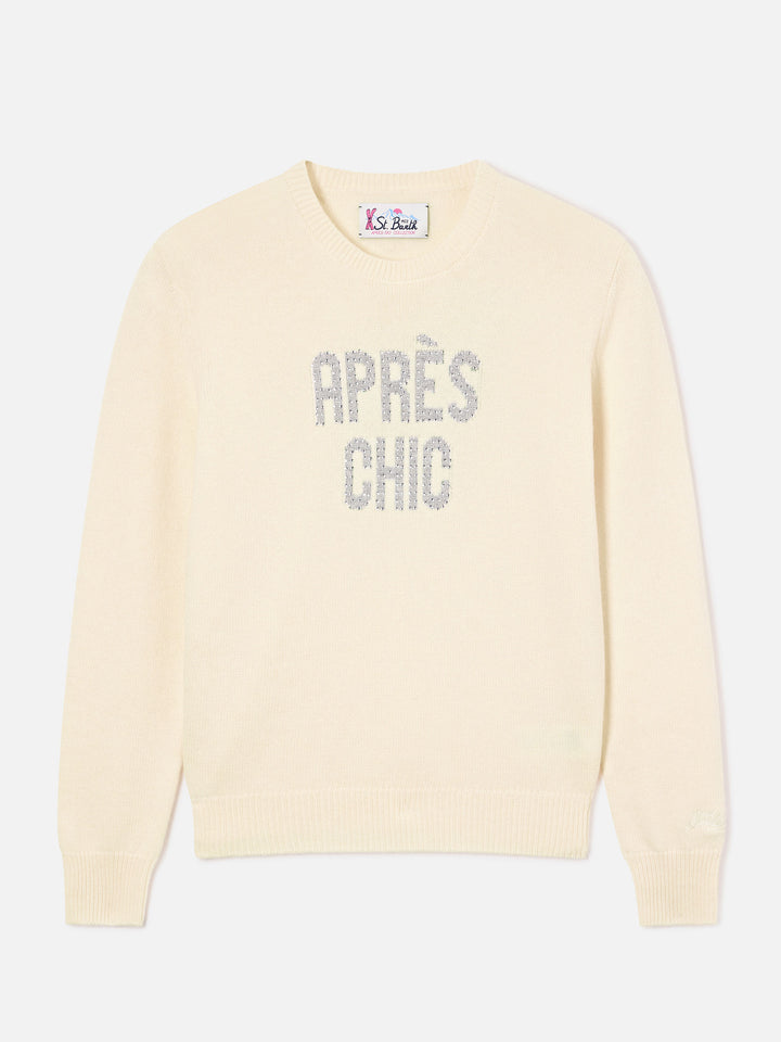 Off white New Queen Rundhals-Strickpullover mit Après Chic Strass-Stickerei 