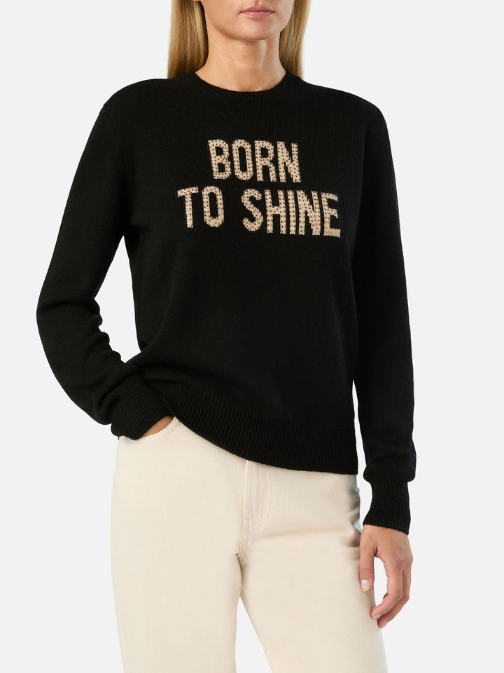 Schwarzer New Queen Rundhals-Strickpullover mit Born To Shine Strassstickerei 