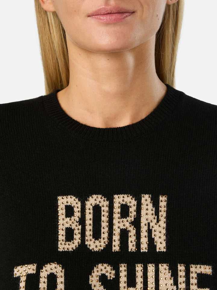 Schwarzer New Queen Rundhals-Strickpullover mit Born To Shine Strassstickerei 
