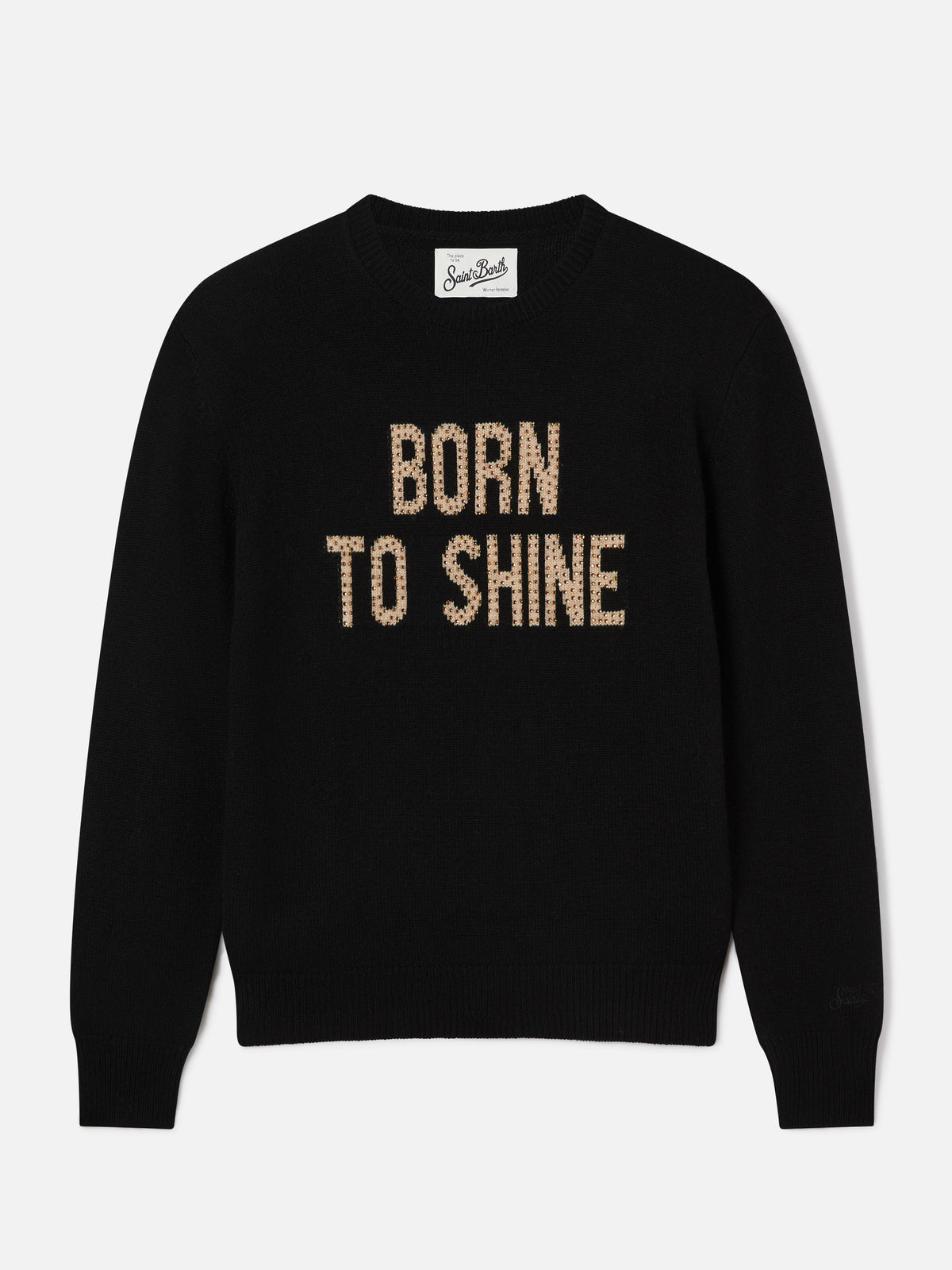 Maglia girocollo New Queen nera con ricamo Born To Shine in strass