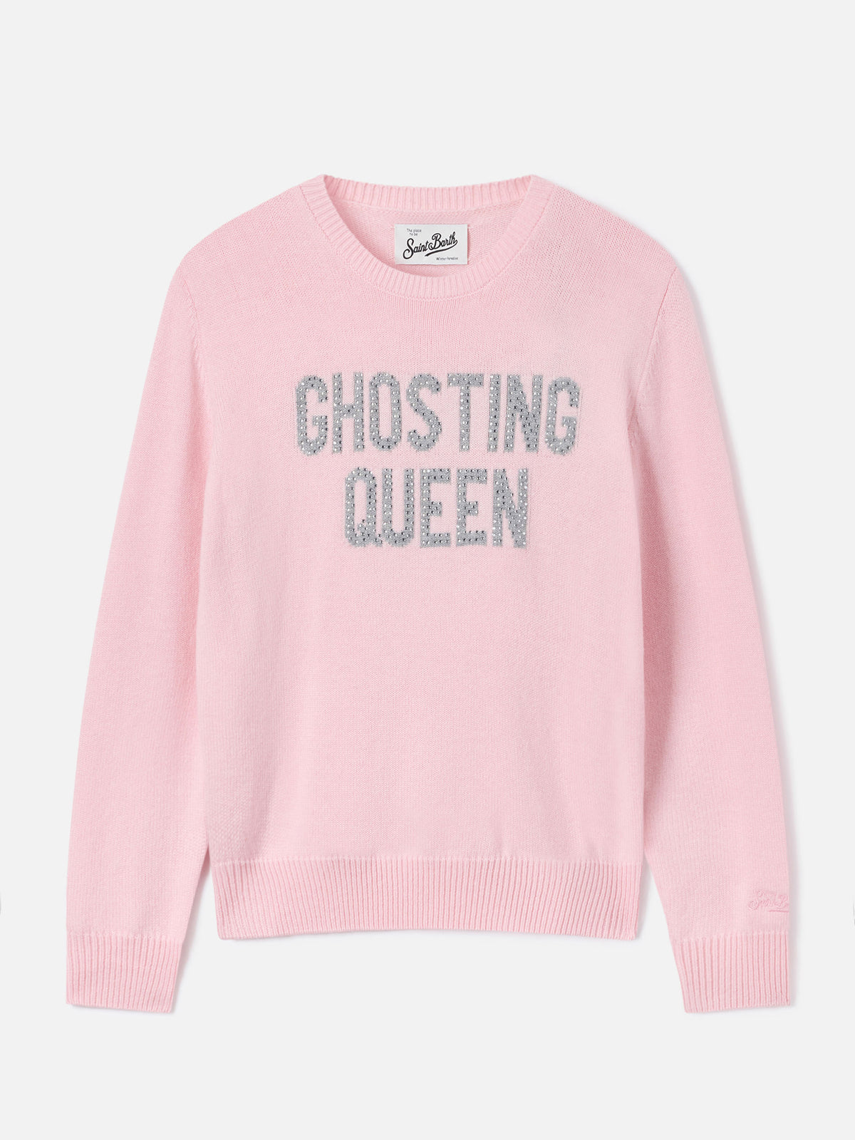 Rosafarbener New Queen Rundhals-Strickpullover mit Ghosting Queen Strassstickerei 