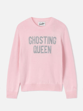 Rosafarbener New Queen Rundhals-Strickpullover mit Ghosting Queen Strassstickerei 