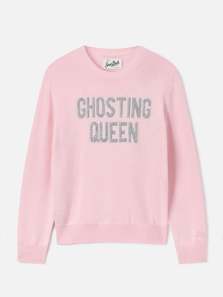 Pink New Queen crewneck knit with Ghosting Queen rhinestone embroidery