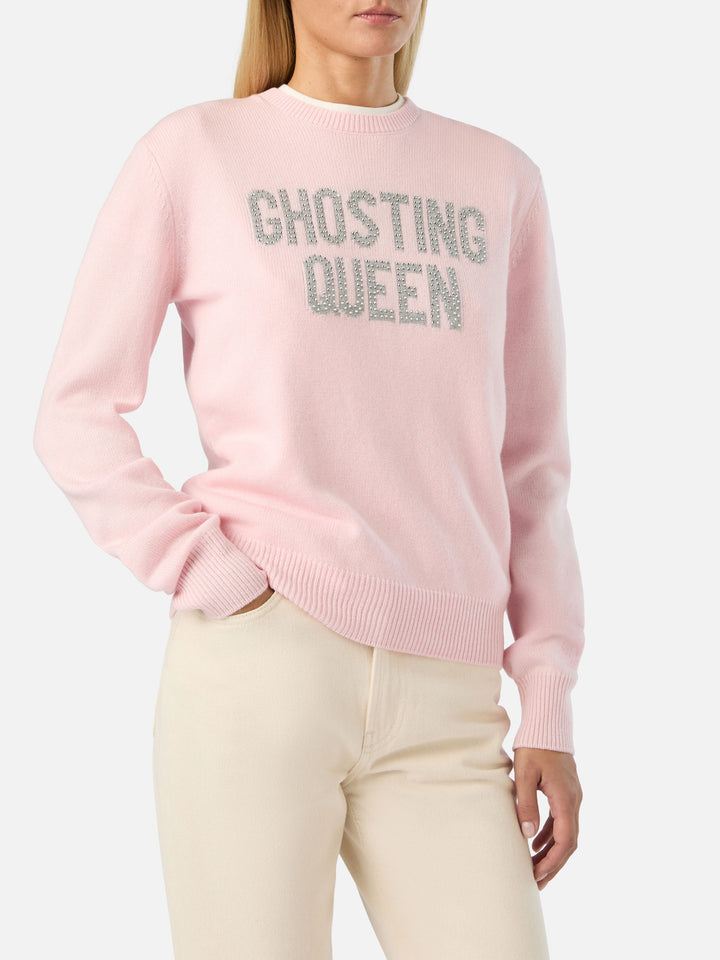 Pink New Queen crewneck knit with Ghosting Queen rhinestone embroidery