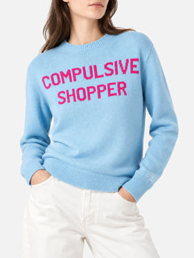 New Queen light blue sweater with Compulsive Shopper jacquard
