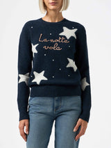 Maglione da donna blu New Queen con ricamo La notte vola e stampa stelle