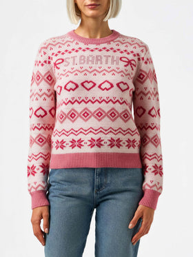 Woman sweater New Queen with fair isle jacquard and rhinestone logo