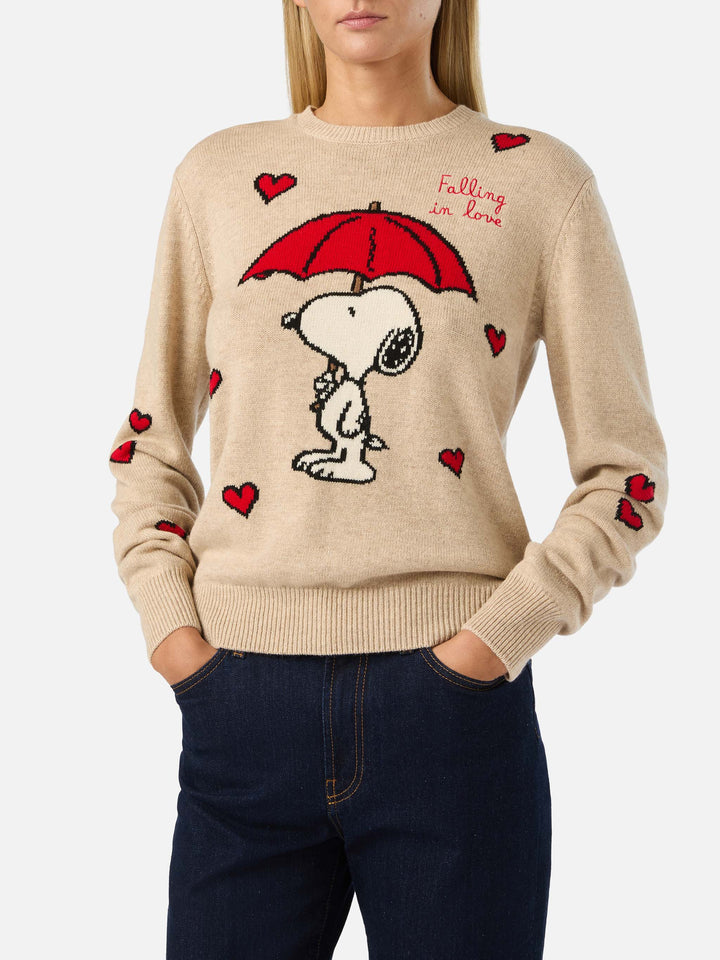 Beiger New Queen Rundhals-Strickpullover mit Snoopy-Intarsie | Special edition 