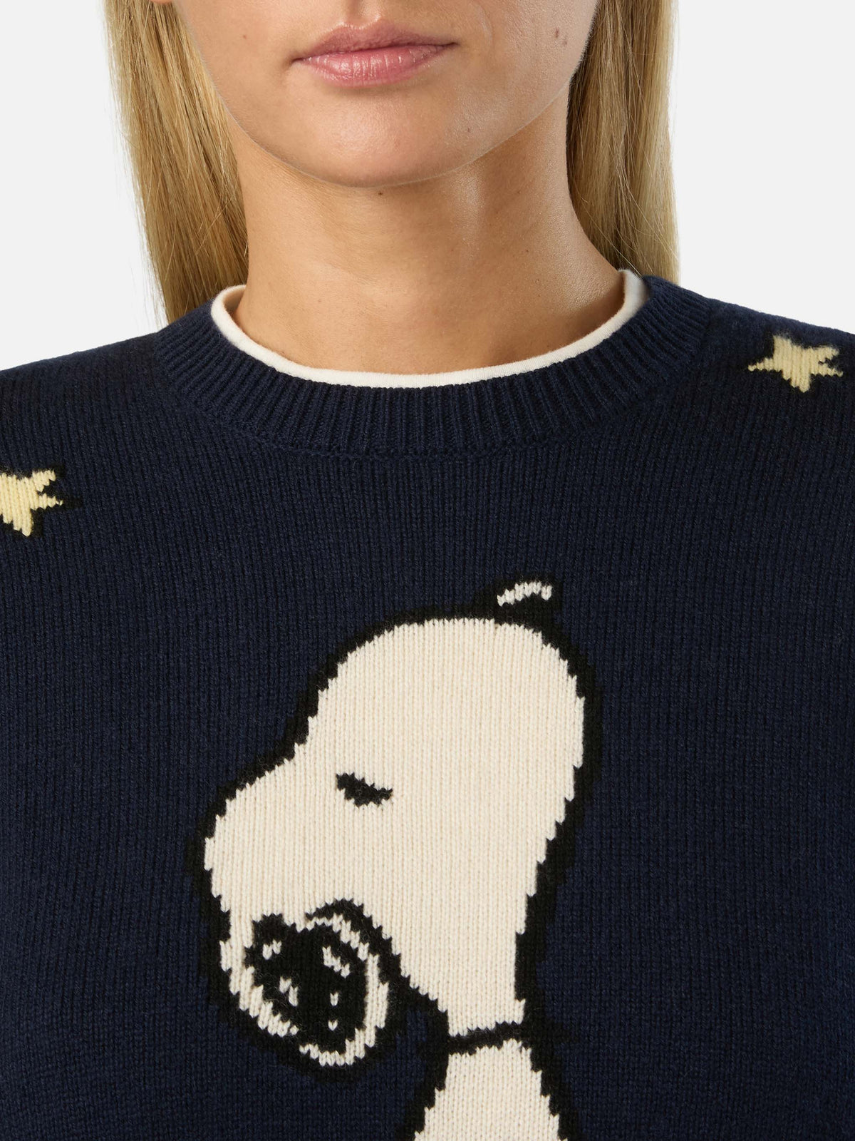 Marineblauer blue New Queen Strickpullover mit Rundhalsausschnitt und Snoopy-Intarsie | Special edition 
