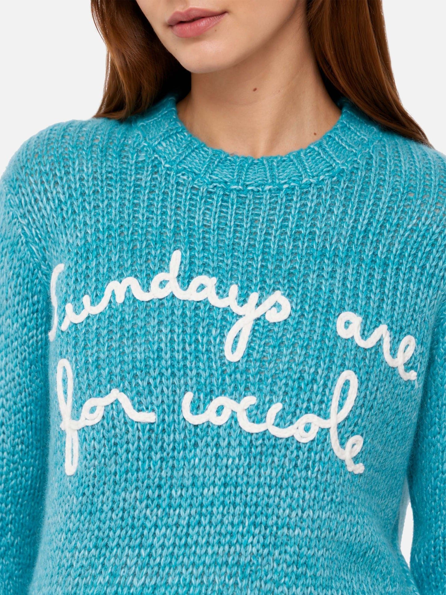New Queen turquoise mouliné yarn crop sweater with embroidery