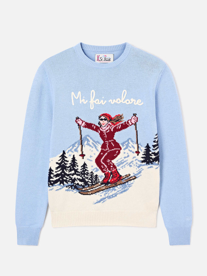 Light blue New Queen crewneck knit with Mi Fai Volare embroidery