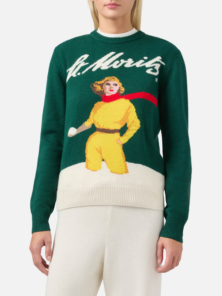 New Queen cashmere-blend sweater in green with St. Moritz postcard