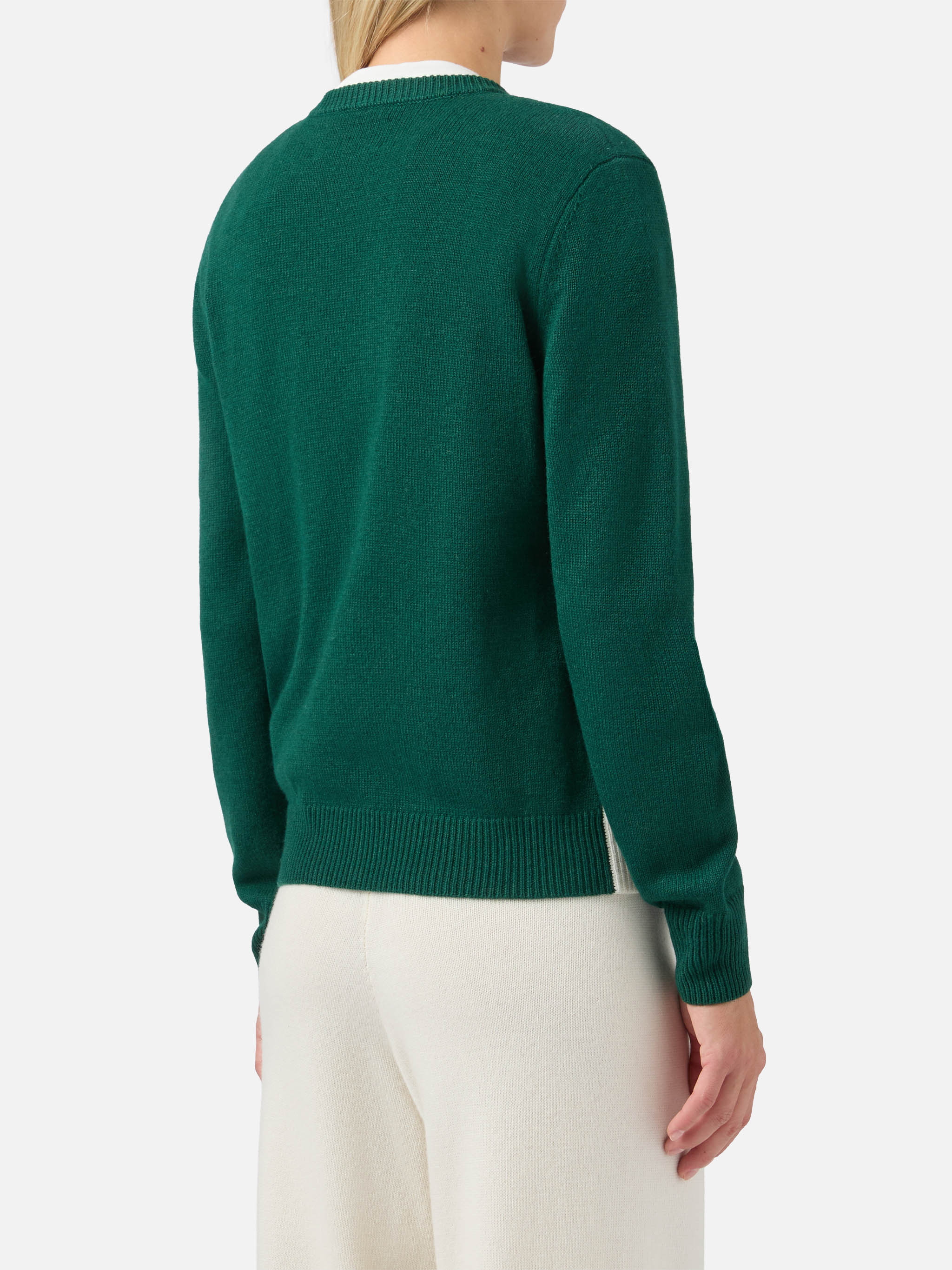 New Queen cashmere-blend sweater in green with St. Moritz postcard