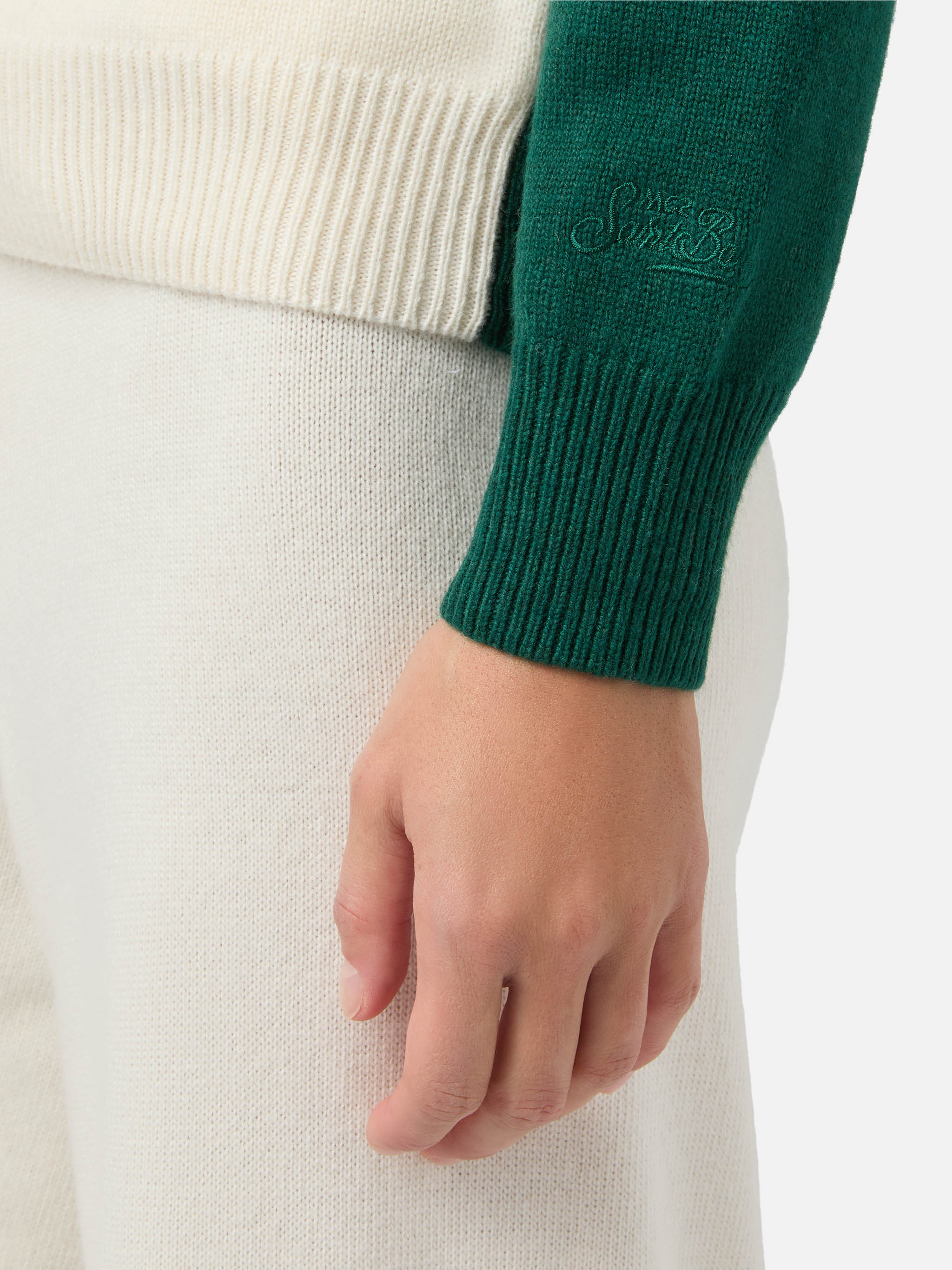 New Queen cashmere-blend sweater in green with St. Moritz postcard