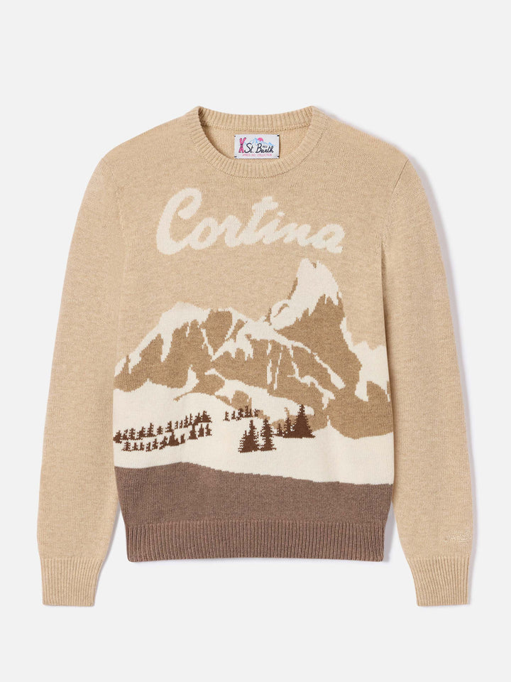 Beiger New Queen Rundhals-Strickpullover mit Cortina-Intarsie 