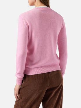 Maglione New Queen in misto cashmere rosa con jacquard cartolina Courma