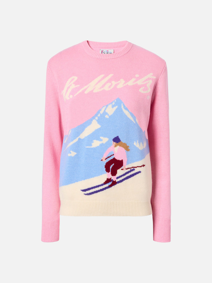 New Queen cashmere-blend sweater in pink with St. Moritz postcard jacquard | ST. MORITZ SPECIAL EDITION