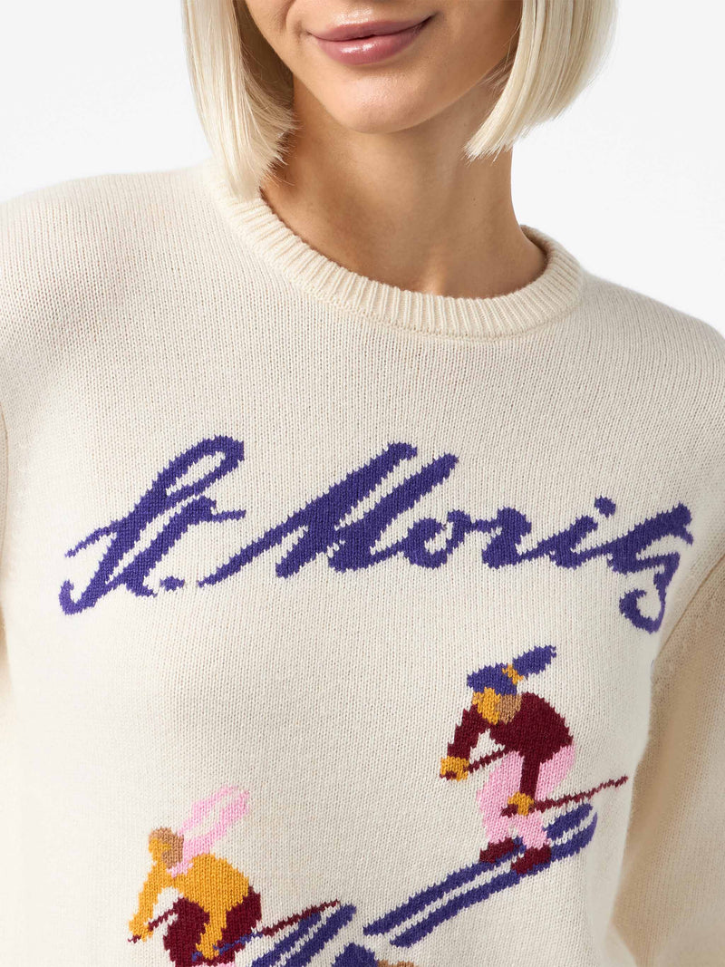 Woman white sweater New Queen with St. Moriz jacquard | ST. MORITZ TOP OF THE WORLD SPECIAL EDITION