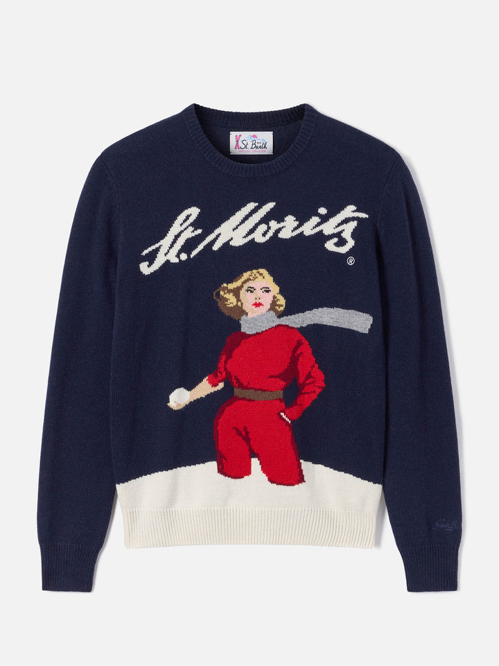 Navy blue New Queen crewneck knit with St. Moritz skier intarsia | Special edition