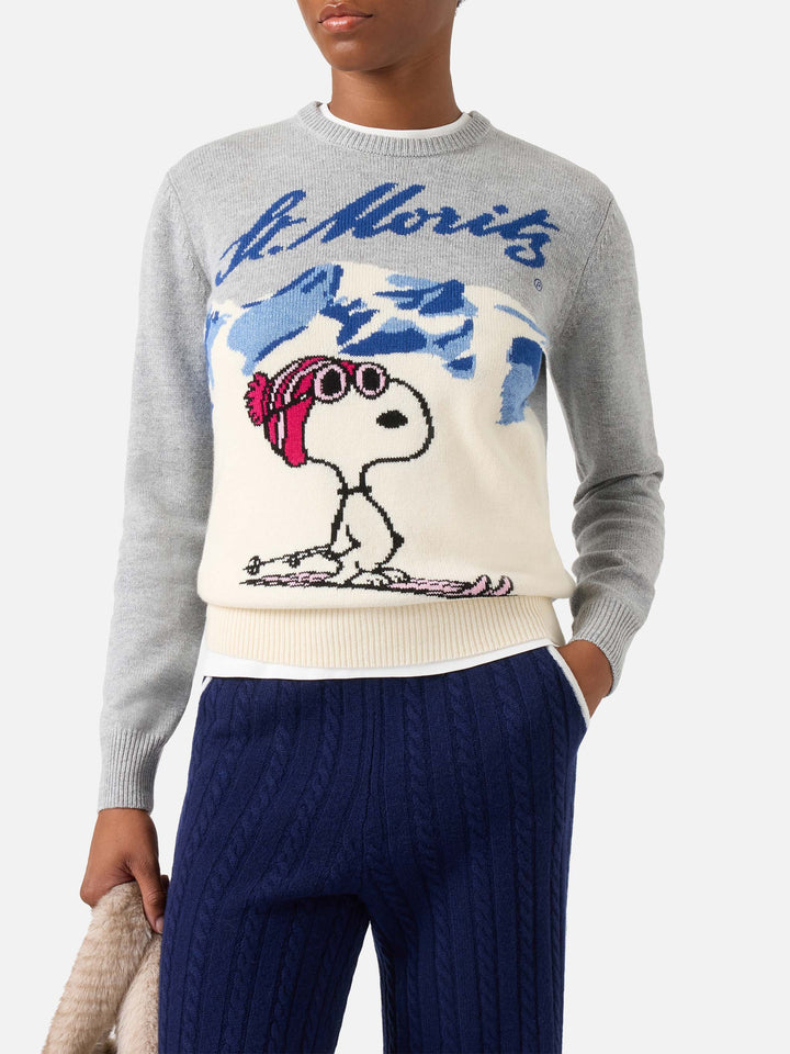 Grey New Queen crewneck knit with Snoopy skiing intarsia | Special edition
