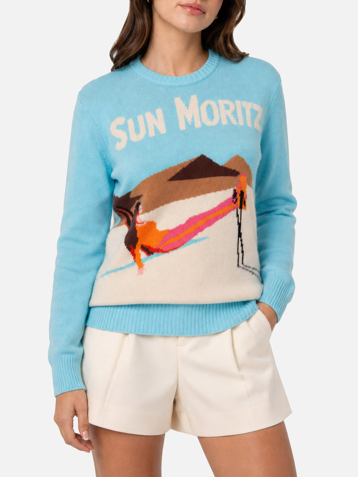 Maglione azzurro New Queen con cartolina Sun Moritz jacquard
