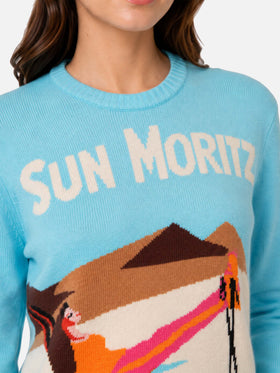 Light blue sweater New Queen with Sun Moritz postcard jacquard