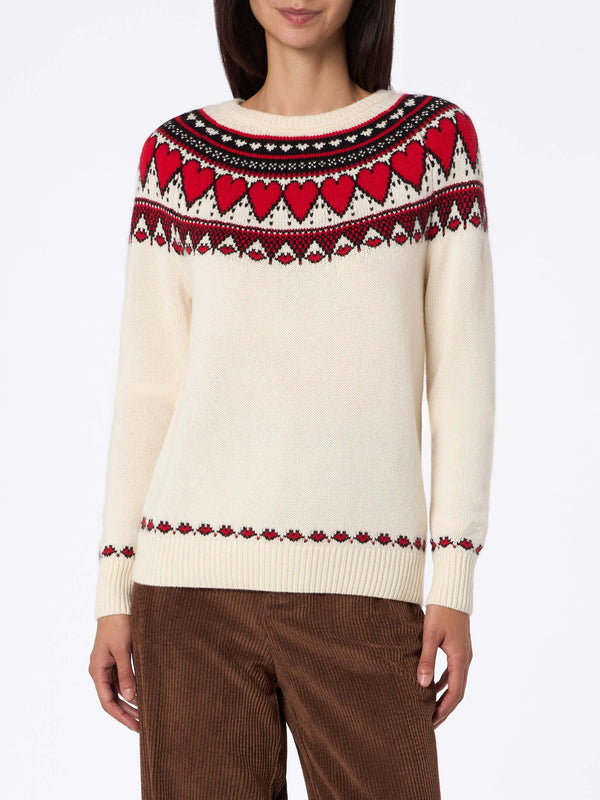 Maglione bianco da donna New Queen stampa cuori fair isle