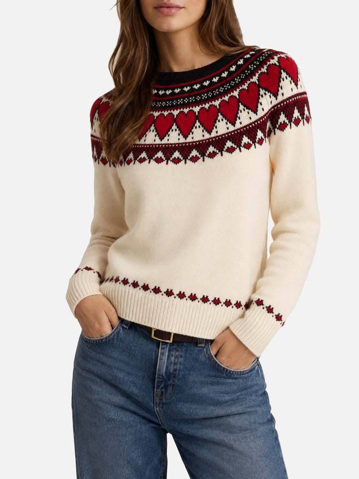 Neuer Queen Nordic weißer Pullover mit Herz-Jacquard 