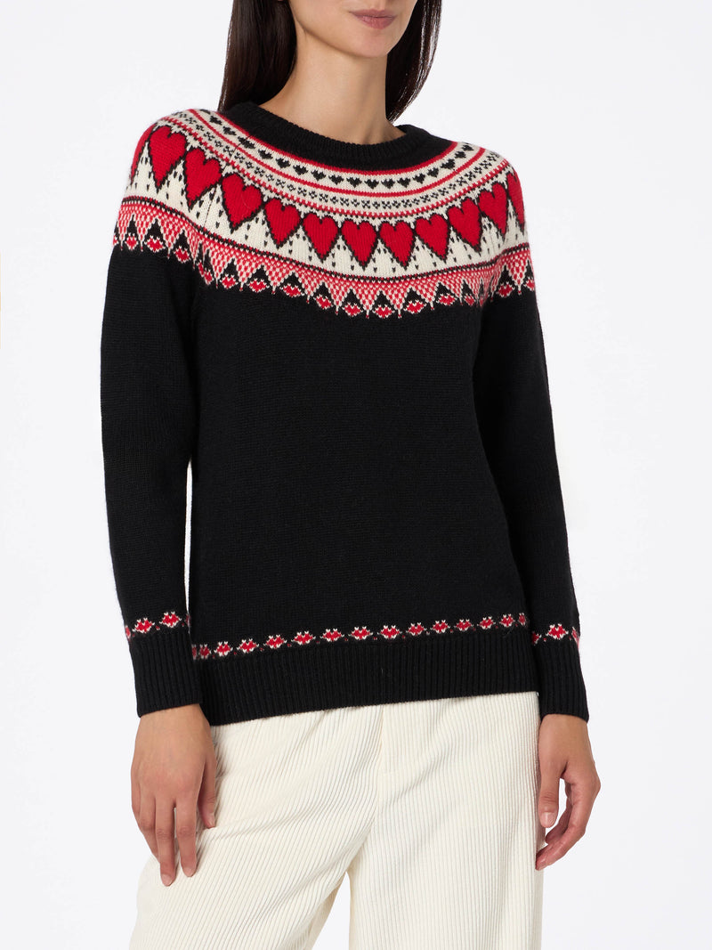 Maglione da donna nero New Queen con stampa cuori Fair Isle