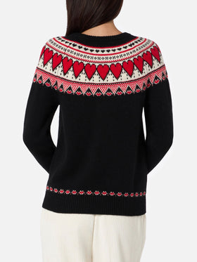 Schwarzer Damenpullover New Queen mit Fair-Isle-Herzen-Jacquard