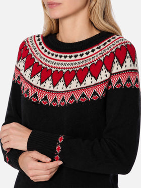 Maglione New Queen Nordic nero con jacquard cuori