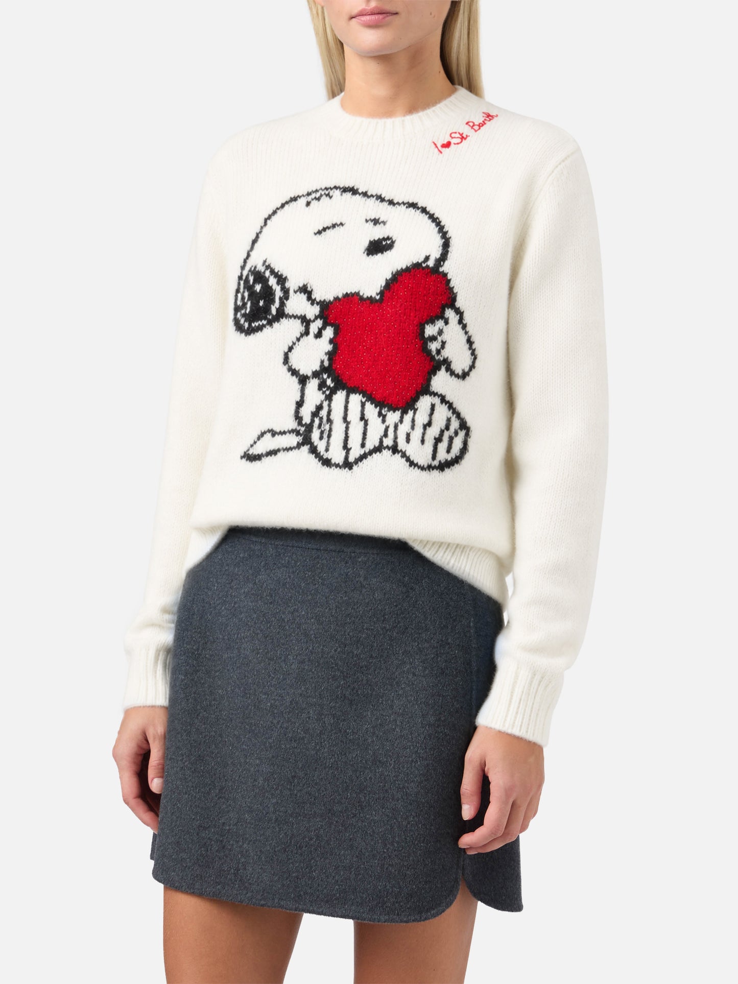 Damenpullover mit Snoopy- und Woodstock-Jacquard sowie Herz aus Strass | SNOOPY PEANUTS™ SPECIAL EDITION 