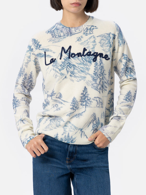 Maglione bianco da donna New Queen con stampa toile de jouy e ricamo La Montagne