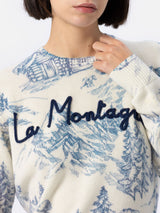 Woman white sweater New Queen with toile de jouy print and La Montagne embroidery