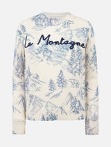 Woman white sweater New Queen with toile de jouy print and La Montagne embroidery