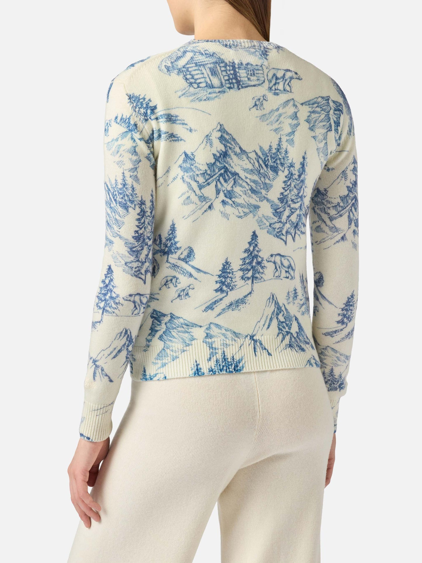 Woman white sweater New Queen with toile de jouy print and La Montagne embroidery