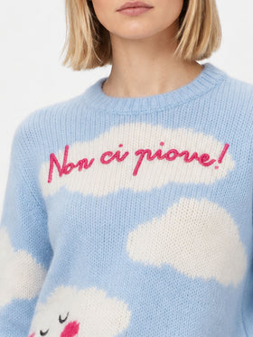 New Queen Soft Pullover mit Stickerei Non ci piove in Hellblau 