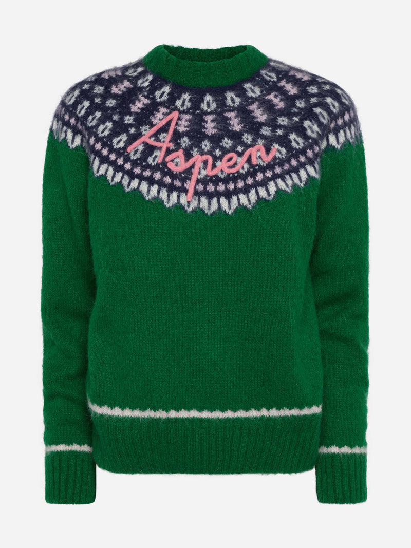 Grüner Pullover Queen Nordic Soft mit Fair-Isle-Jacquard und Aspen-Stickerei