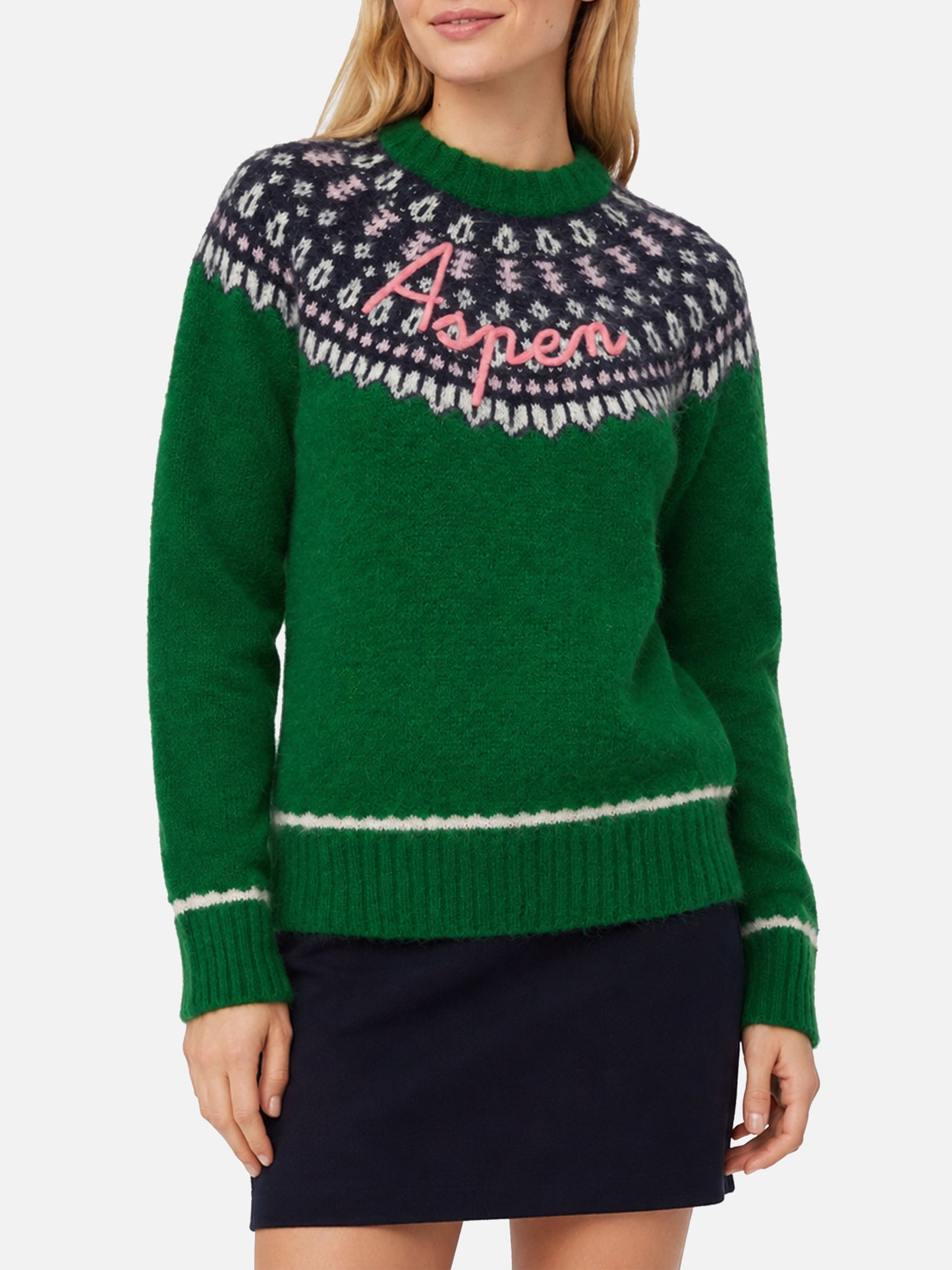 Maglione verde Queen Nordic Soft con jacquard fair isle e ricamo Aspen