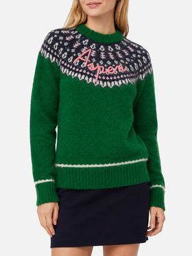 Maglione verde Queen Nordic Soft con jacquard fair isle e ricamo Aspen
