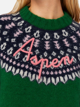 Maglione verde Queen Nordic Soft con jacquard fair isle e ricamo Aspen