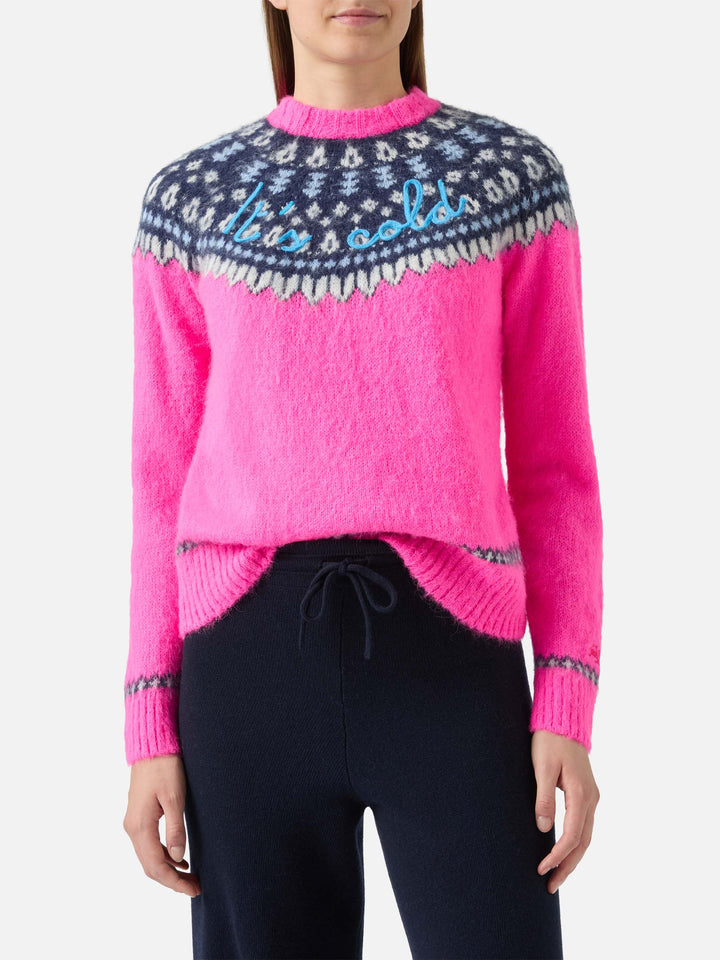 Fluo pink crewneck New Queen Nordic Soft with fair isle jacquard and It's cold  embroidery