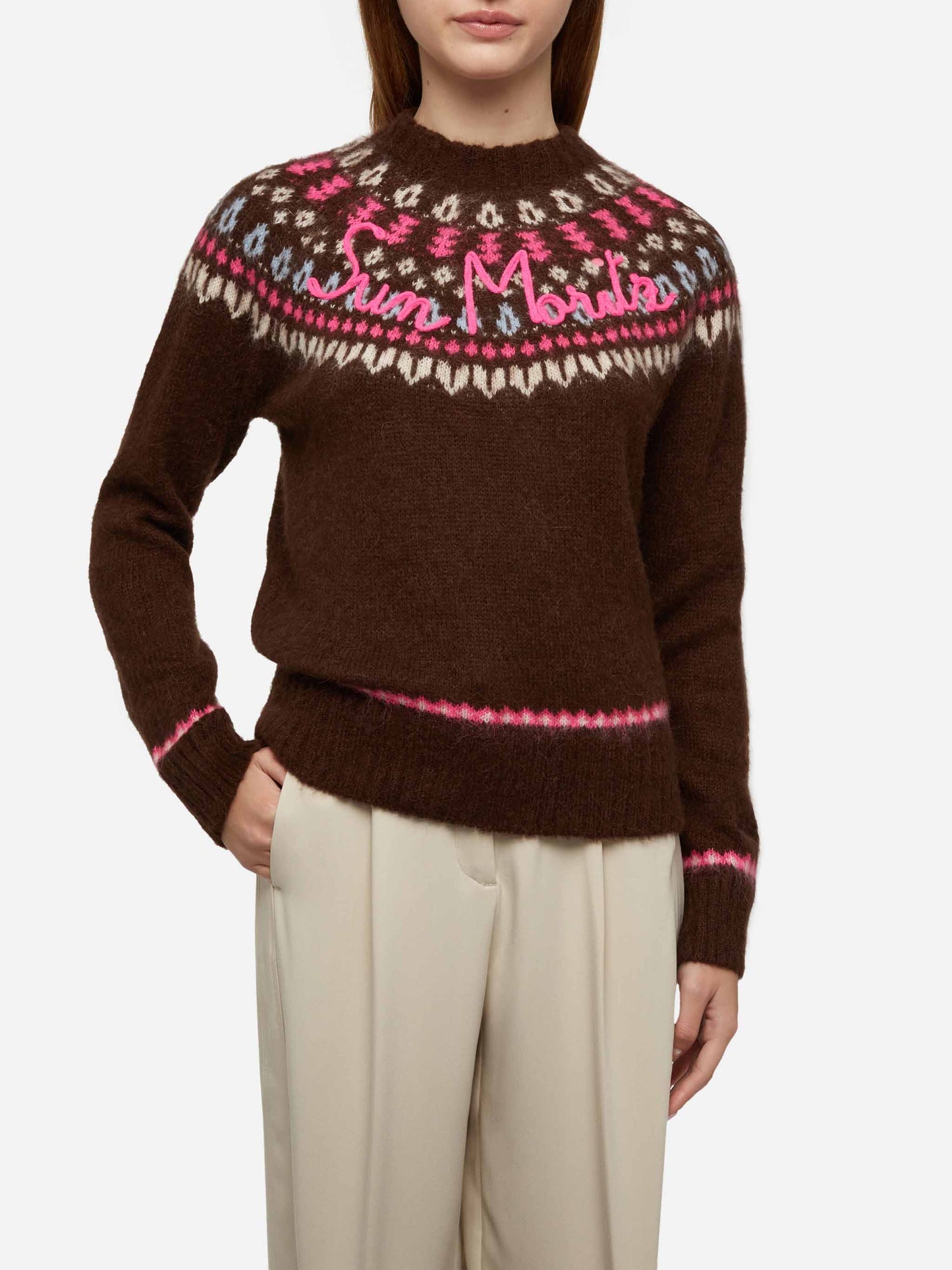 Brauner Pullover Queen Nordic Soft mit Fair-Isle-Jacquard und Sun Moritz-Stickerei