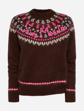 Brauner Pullover Queen Nordic Soft mit Fair-Isle-Jacquard und Sun Moritz-Stickerei